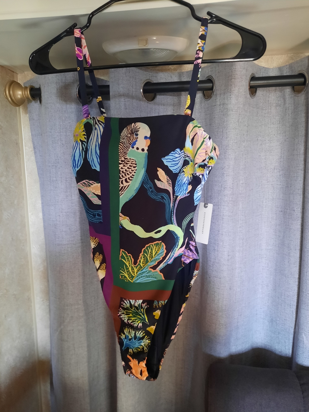 Anthropologie Black Multi Floral & Parrot Print One-Piece Womens XS